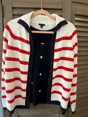 Talbots Petite Red White Blue Striped Cardigan w Star Shell Set Size PM Cotton